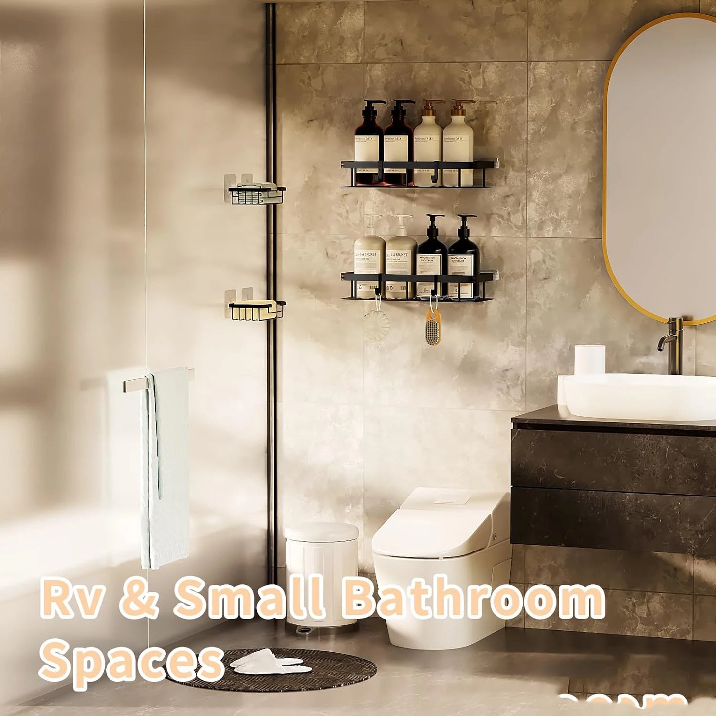 Adhesive Shower Caddy Rustproof Organizers Large Capacity No Drilling Shelves for Bathroom Storage Home Decor