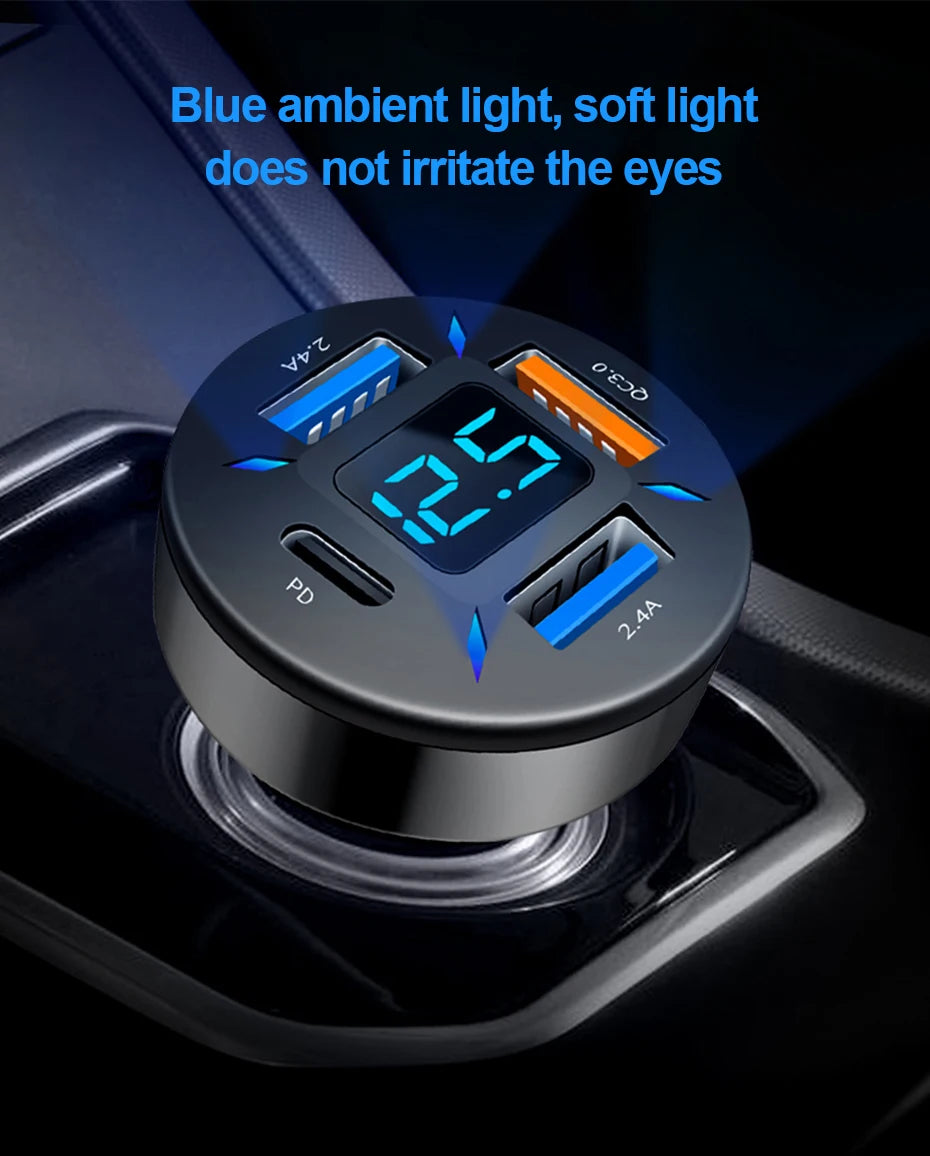 66W Quick Charge Car Phone Charger PD+QC3.0 4 Ports USB Fast Charging Cigarette Lighter Adapter Socket for IPhone Xiaomi Samsung