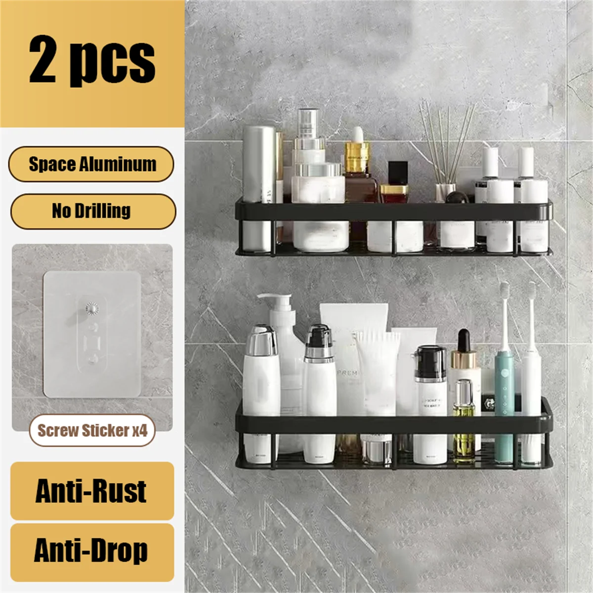Adhesive Shower Caddy Rustproof Organizers Large Capacity No Drilling Shelves for Bathroom Storage Home Decor