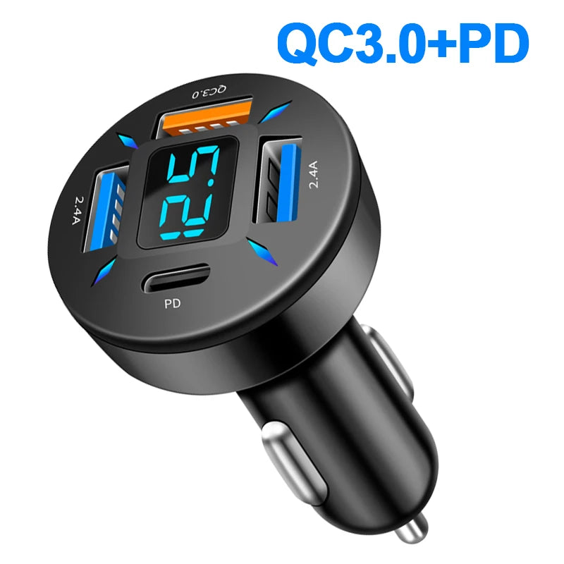 66W Quick Charge Car Phone Charger PD+QC3.0 4 Ports USB Fast Charging Cigarette Lighter Adapter Socket for IPhone Xiaomi Samsung