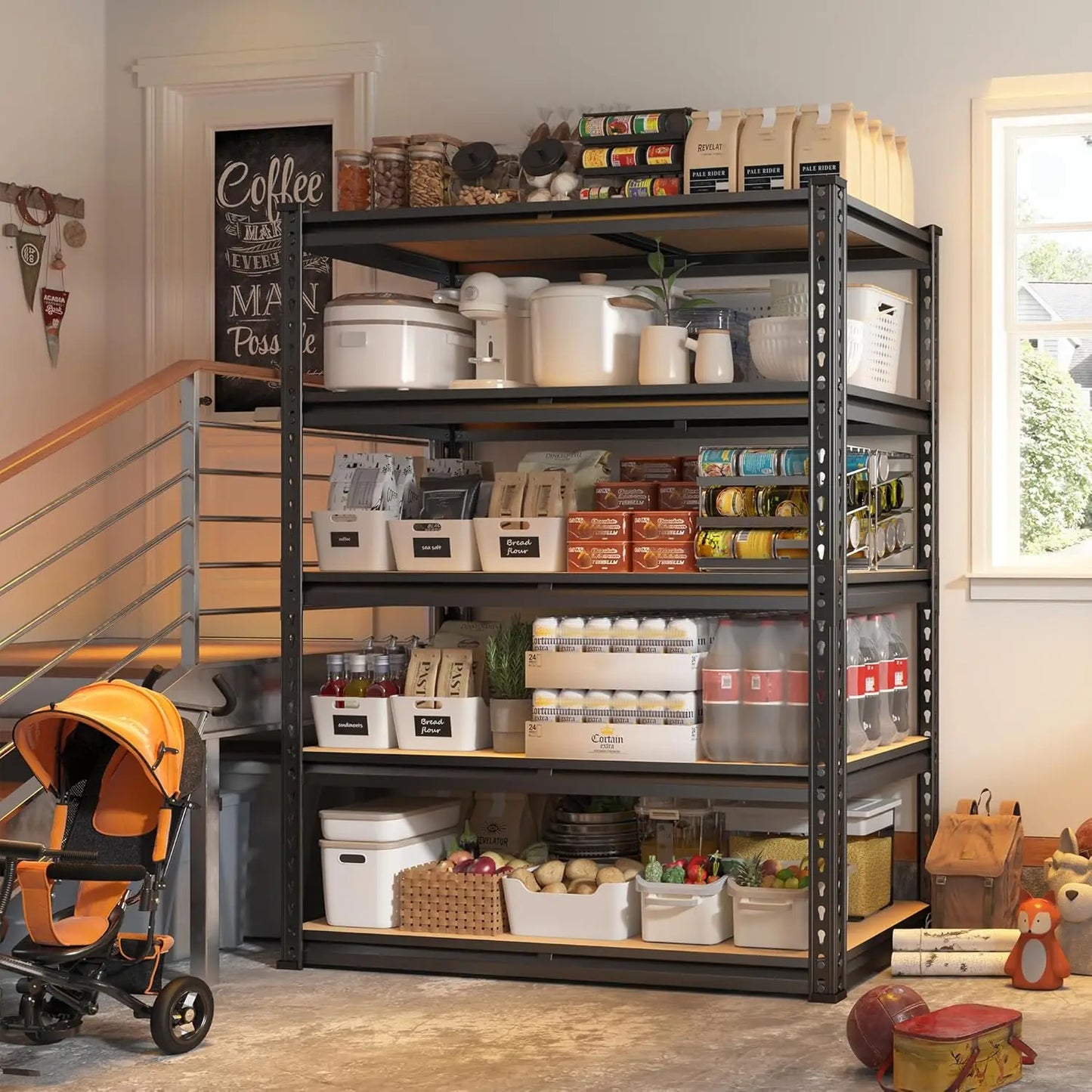 REIBII 2500LBS Garage Shelving 72''H Storage Shelves Heavy Duty Shelving 5 Tier Metal Shelves Garage Shelves Adjustable Shelvin