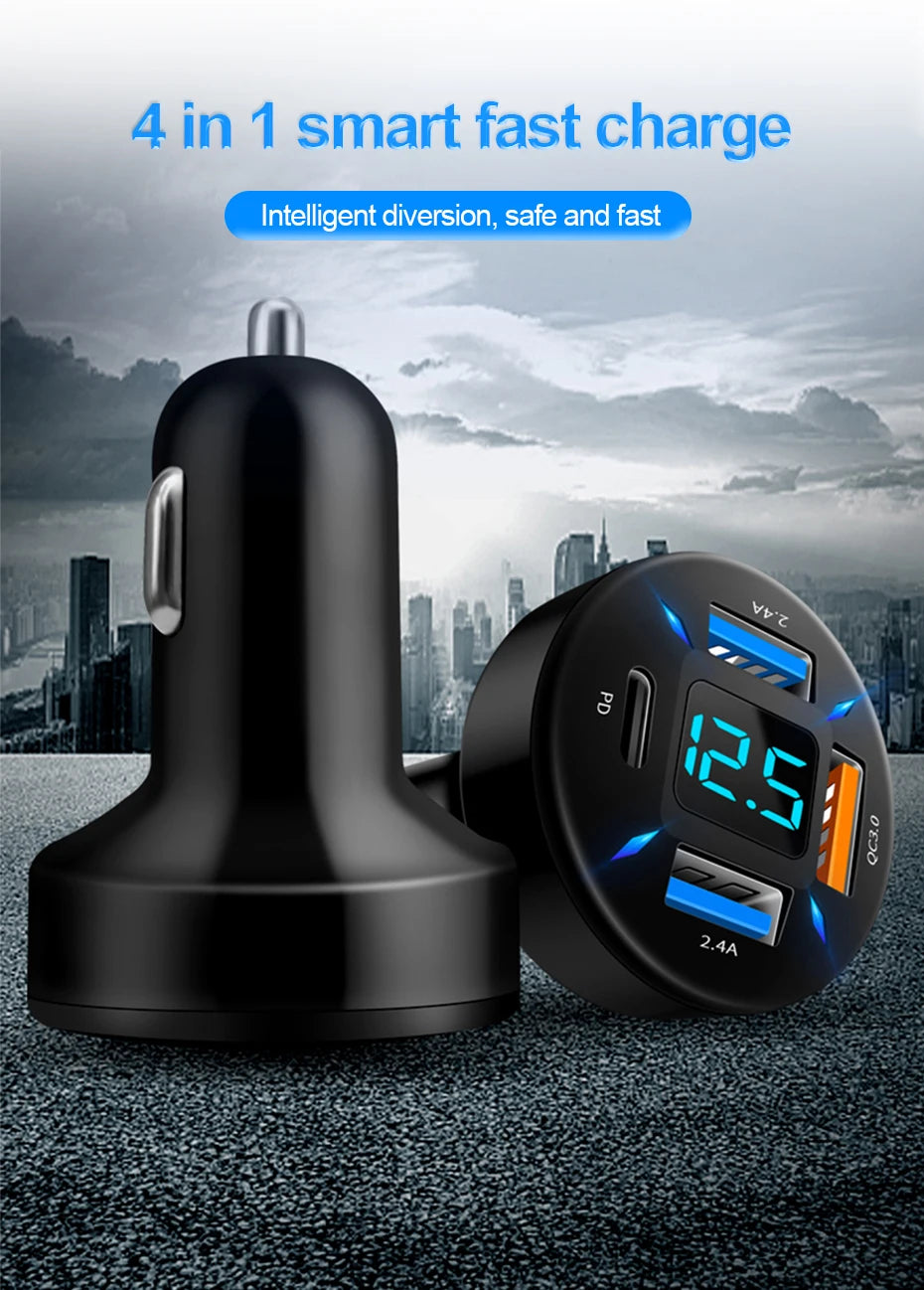 66W Quick Charge Car Phone Charger PD+QC3.0 4 Ports USB Fast Charging Cigarette Lighter Adapter Socket for IPhone Xiaomi Samsung