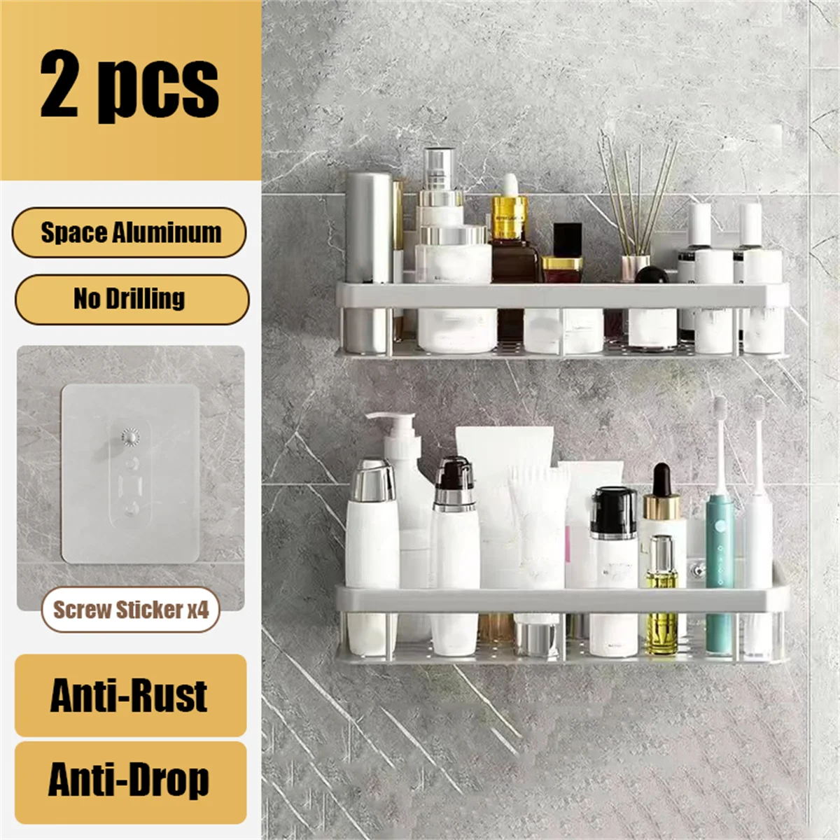 Adhesive Shower Caddy Rustproof Organizers Large Capacity No Drilling Shelves for Bathroom Storage Home Decor