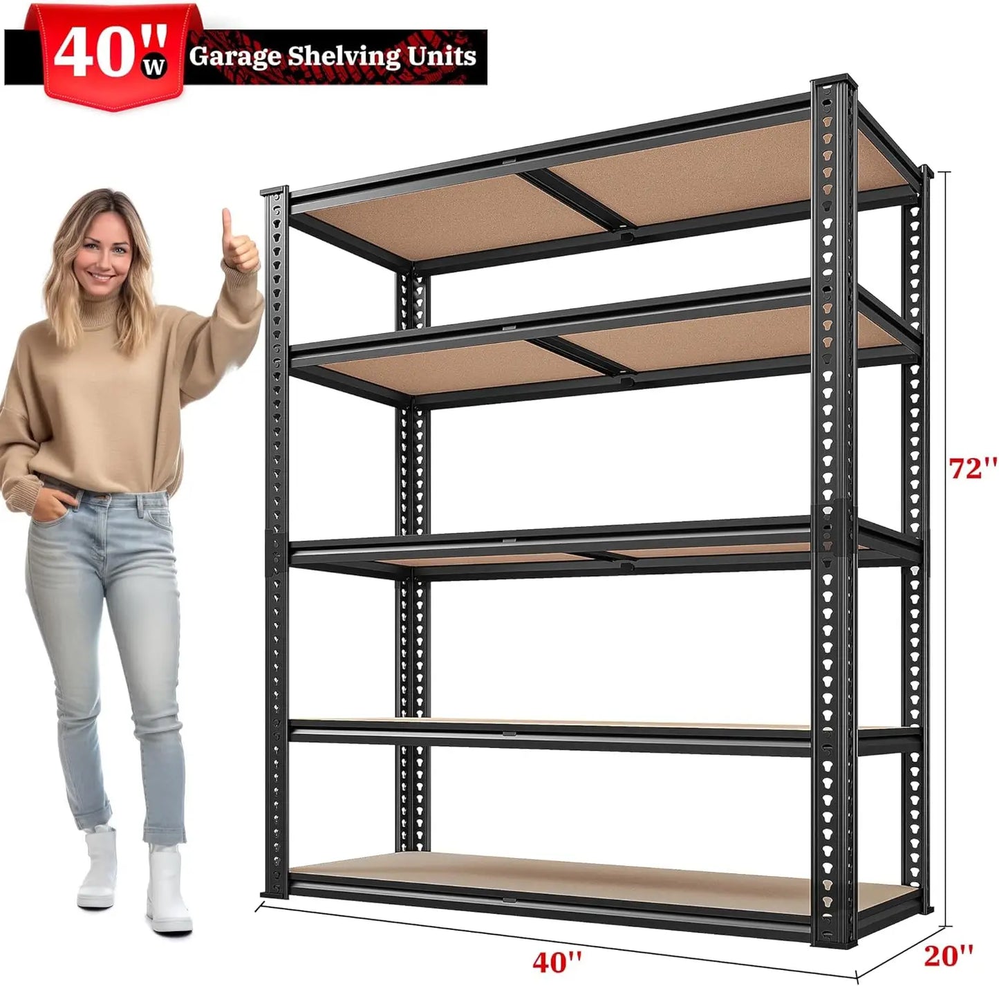 REIBII 2500LBS Garage Shelving 72''H Storage Shelves Heavy Duty Shelving 5 Tier Metal Shelves Garage Shelves Adjustable Shelvin