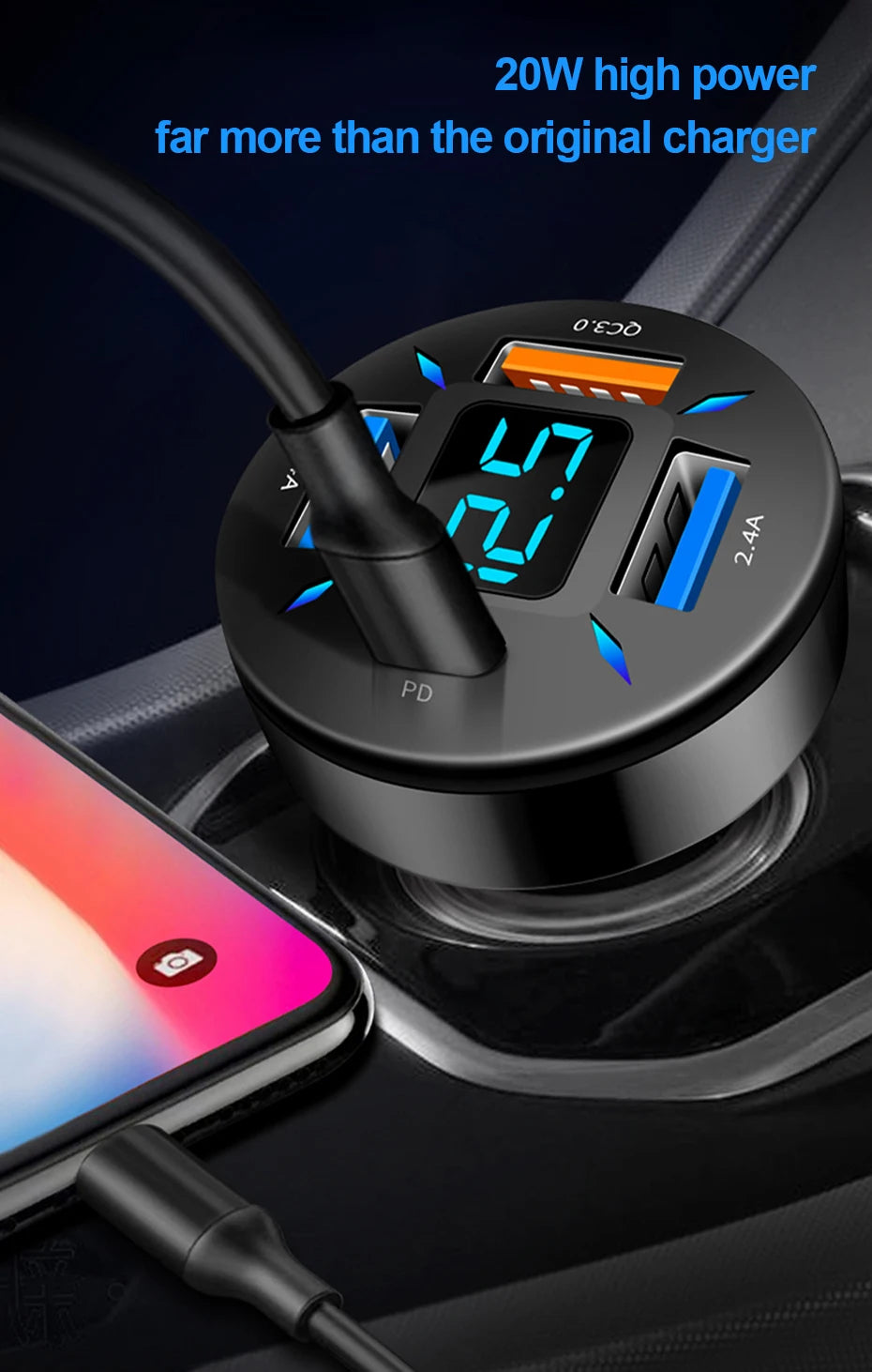 66W Quick Charge Car Phone Charger PD+QC3.0 4 Ports USB Fast Charging Cigarette Lighter Adapter Socket for IPhone Xiaomi Samsung