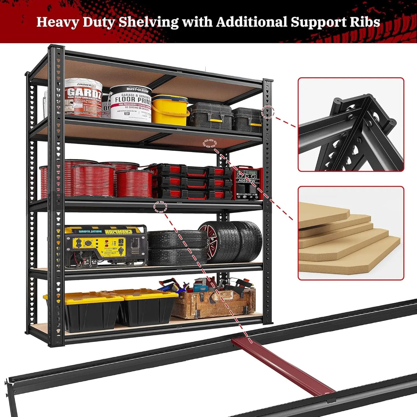 REIBII 2500LBS Garage Shelving 72''H Storage Shelves Heavy Duty Shelving 5 Tier Metal Shelves Garage Shelves Adjustable Shelvin