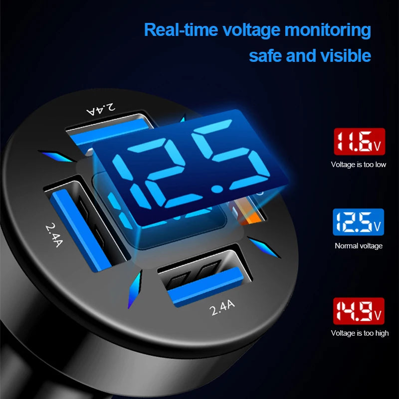 66W Quick Charge Car Phone Charger PD+QC3.0 4 Ports USB Fast Charging Cigarette Lighter Adapter Socket for IPhone Xiaomi Samsung