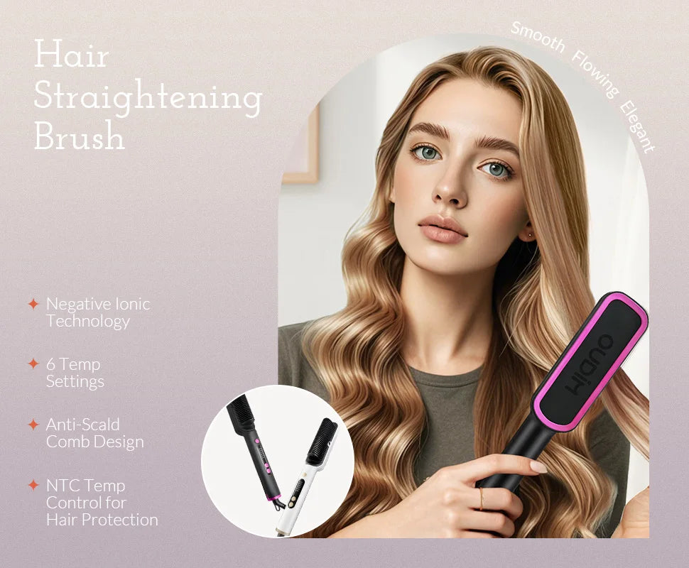 OUDIM Hair Straightener Brush with Six Temperature Settings, Ionic Hair Straightening Brush Flat Iron For Women, Anti-Scald Stra
