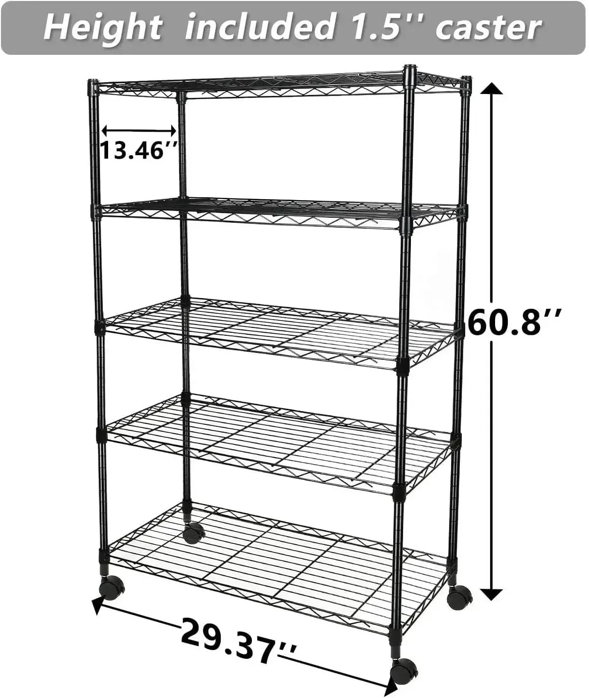 Heavy Duty 5-Shelf Shelving Unit 1250Lb Capacity, 29.92" D x 13.98" W x 62.99" H, 5 Tier, Black
