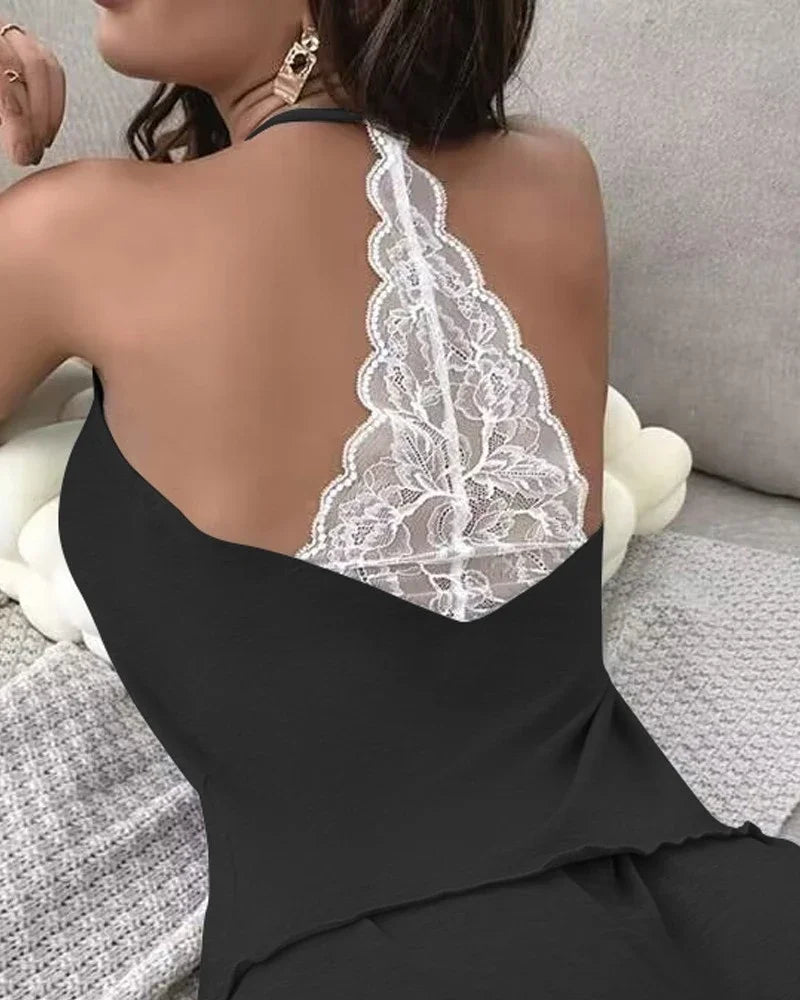 Women's Crochet Lace 2 Pieces Pajamas Sleeveless V-Neck Set Casual Sleepwear Suit Sexy Solid Home Clothes Summer Wear