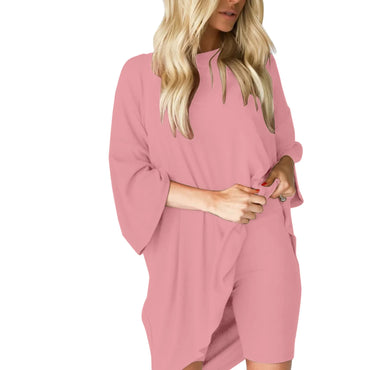 Solid Color Basic Versatile Two Piece Short Suit Casual Daily Plus Size Round Neck Short Sleeves Top Loose Wide Leg Shorts Set