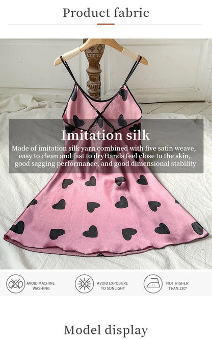 Heart Print Slip Nightdress Casual Crew Neck Criss Cross Back Sleepwear Women's Dresses