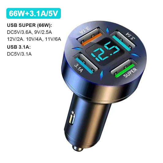 66W Quick Charge Car Phone Charger PD+QC3.0 4 Ports USB Fast Charging Cigarette Lighter Adapter Socket for IPhone Xiaomi Samsung