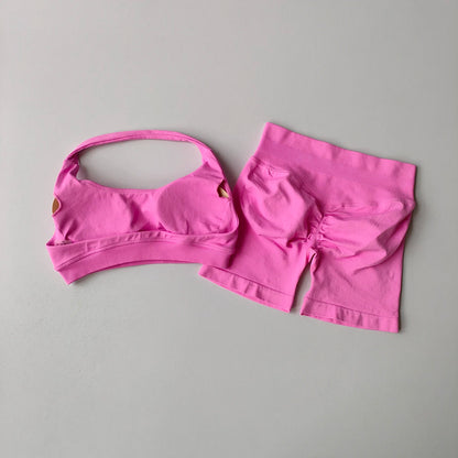2 Pieces Yoga Suit for Women Seamless Fitness Gym Clothes Halter Sports Bra Matching Impact Shorts Workout Sets Gym Outfit