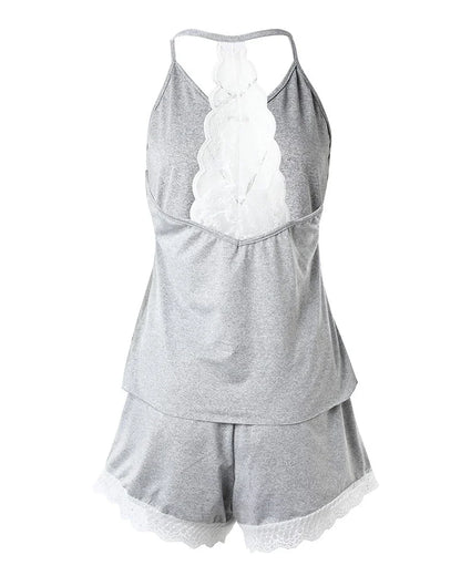 Women's Crochet Lace 2 Pieces Pajamas Sleeveless V-Neck Set Casual Sleepwear Suit Sexy Solid Home Clothes Summer Wear