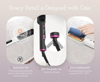 OUDIM Hair Straightener Brush with Six Temperature Settings, Ionic Hair Straightening Brush Flat Iron For Women, Anti-Scald Stra