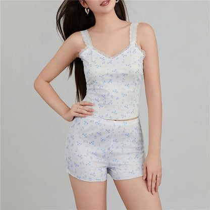 Women's Sleepwear Sexy Lace Trim Pajama Sets Nightwear Sleeveless Tops+Shorts 2Pcs Sets Pyjama Sets for Women Pijama Night Suit