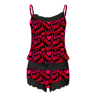 Casual Sexy Trimmed Ice Silk Pajama Set Women full Print Lace Pajamas Sleeveless Cami Shorts Lingerie Sleepwear Set
