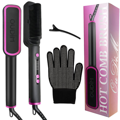 OUDIM Hair Straightener Brush with Six Temperature Settings, Ionic Hair Straightening Brush Flat Iron For Women, Anti-Scald Stra