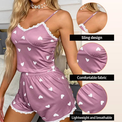 Women's Two-Piece V-Neck Suspender Lace Lace Printed Top and Shorts Women's Casual Printed Pajama Set