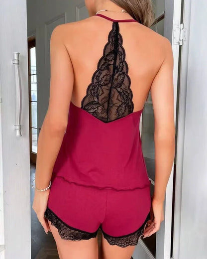 Women's Crochet Lace 2 Pieces Pajamas Sleeveless V-Neck Set Casual Sleepwear Suit Sexy Solid Home Clothes Summer Wear